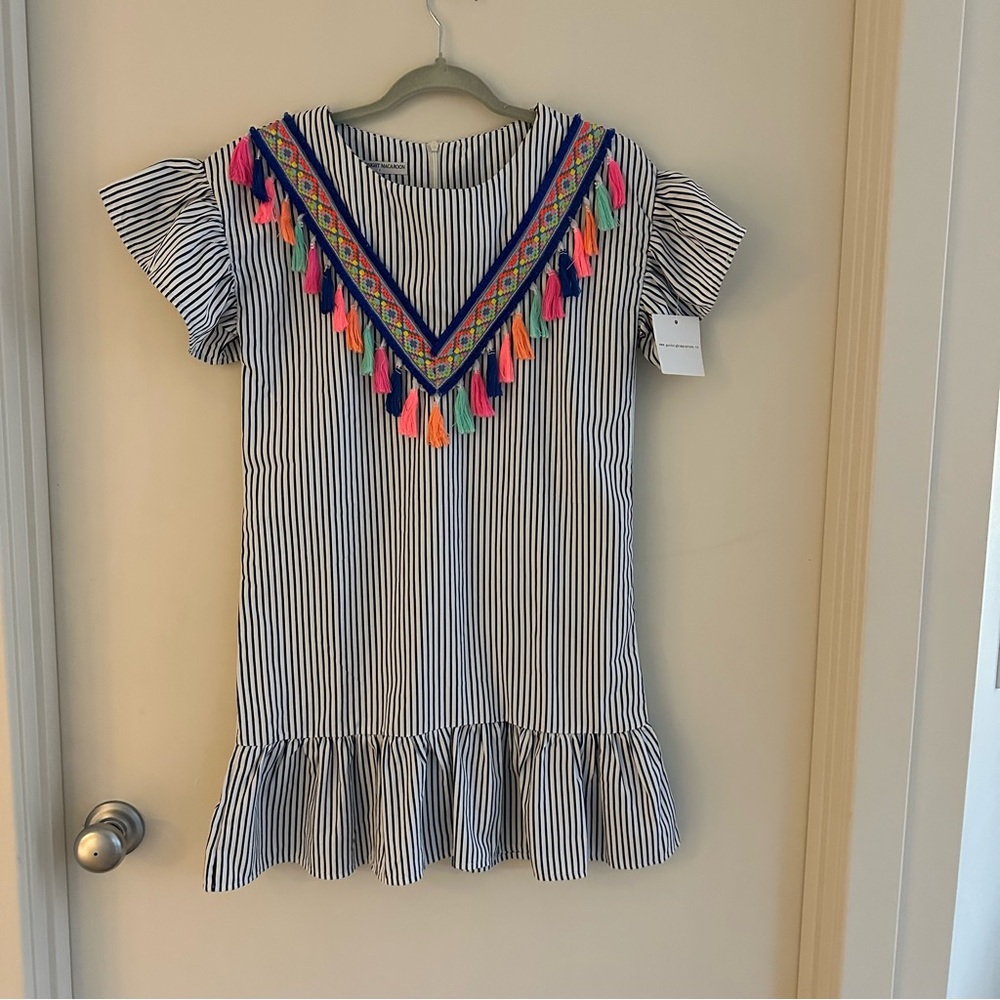 Goodnight Macaroon Navy and White Striped Dress with Colorful Tassels
